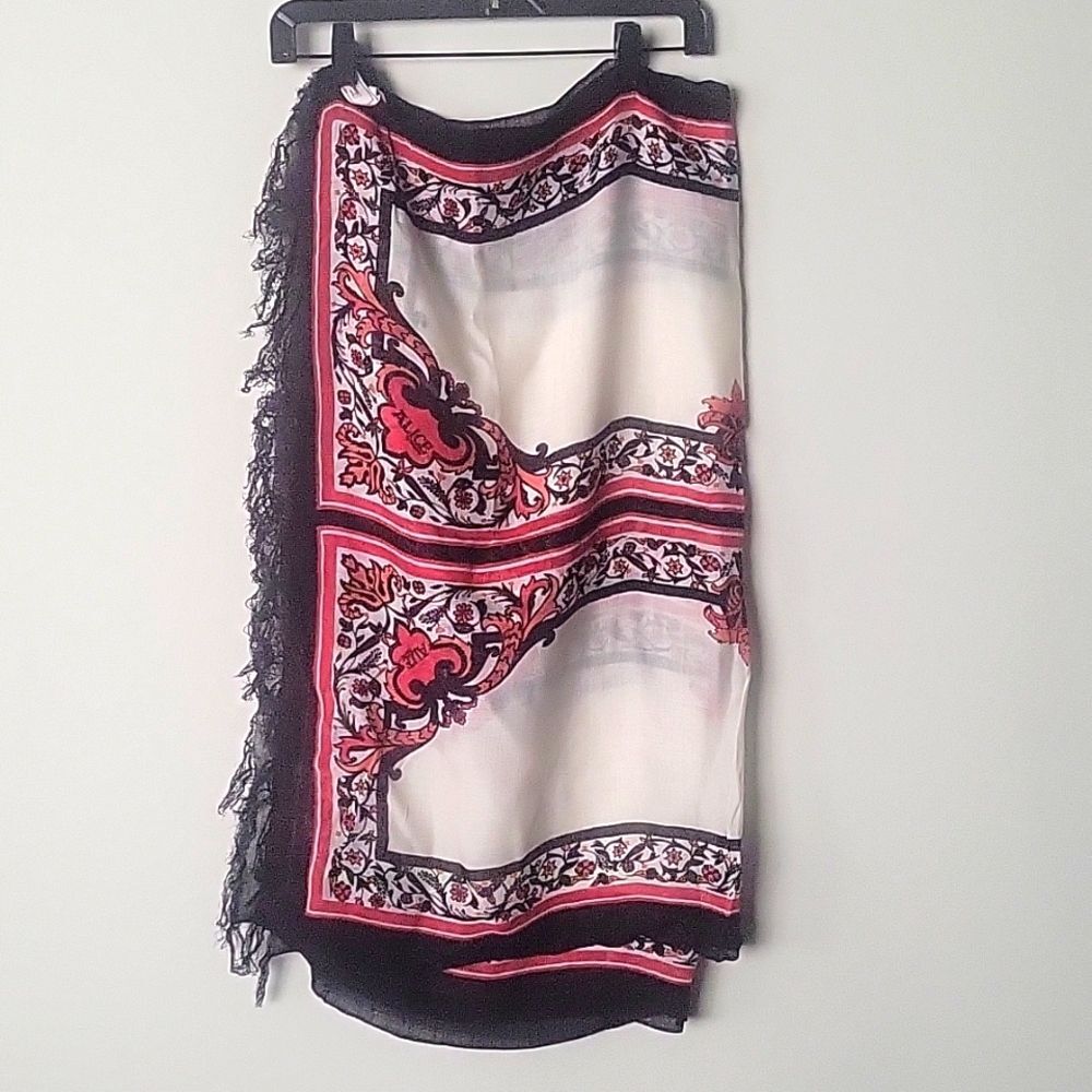Alice Temperley  Nijinsky Wool Scarf Red Black Fringe Boho Floral Paisley Sarong